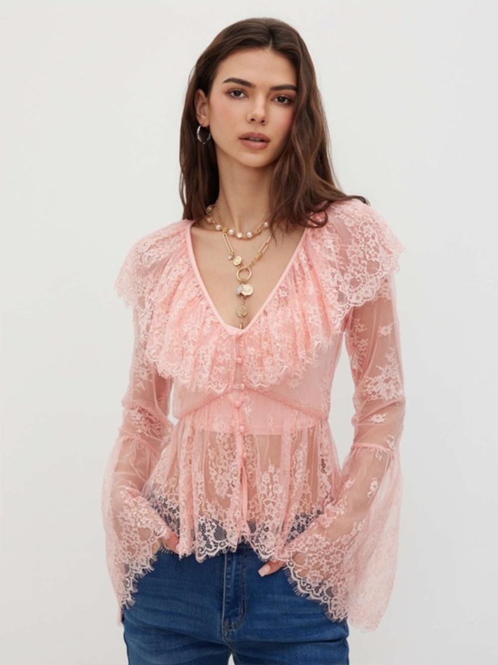 CIDER Pink Sheer Lace Ruffle V-Neck Blouse